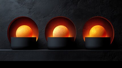 Canvas Print - Dark stone wall, glowing orbs, modern display