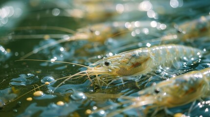 Poster - Shrimp swim actively in clear water reflecting sunlight, showcasing their vibrant colors during farming operations in a rural area.