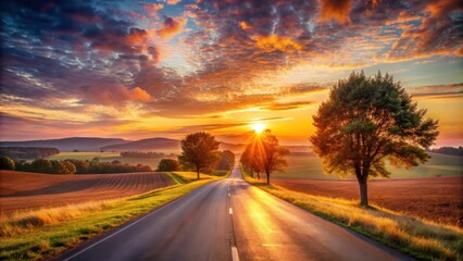 Aufkleber - Asphalt road leading to a vibrant sunrise over rolling hills and trees