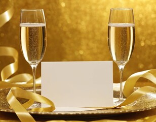 Wall Mural - Two elegant champagne glasses on a golden background with a blank card for celebration messages.