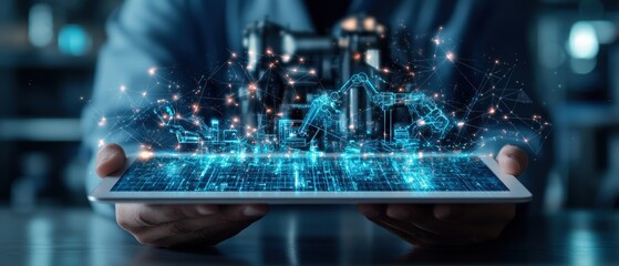 Poster - Person holding tablet with city background representing smart industry control and technology integration