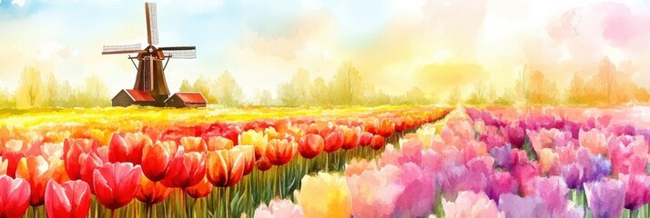 Poster - Colorful watercolor illustration of tulip fields with a windmill, showcasing vibrant spring colors and open space for text. Generative AI