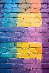 Poster - Vibrant Brick Wall Painted in Rainbow Colors with Bold Yellow Accents Texture