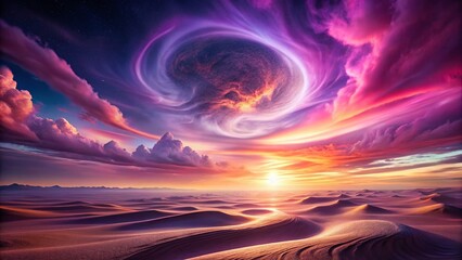 Abstract Lithium Atom Landscape: Vibrant Purple and Pink Atomic Structure in a Serene Desert Setting