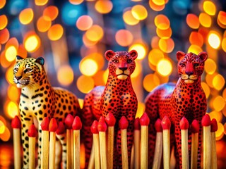 Poster - Abstract Matchstick Figures with Vivid Red Animal Print Bokeh Background Stock Photo