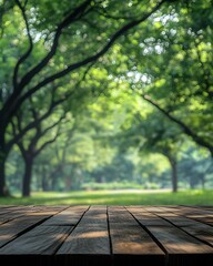 Poster - Wooden Table Overlooking a Serene Green Park with Lush Trees and Soft Bokeh Light