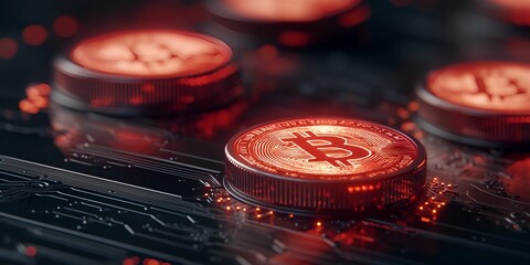 Cryptocurrency tokens secure concept. Close-up of glowing Bitcoin coins on a dark circuit board background.