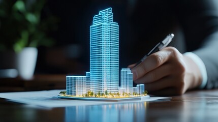 Poster - Person writing on paper with building background and 3d holographic miniature model displayed