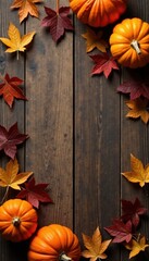 Wall Mural - Rustic wooden table with autumn leaves & pumpkins, cozy, image