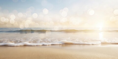 Aufkleber - Serene ocean wave gently lapping on a sunlit sandy shore with a bokeh effect background