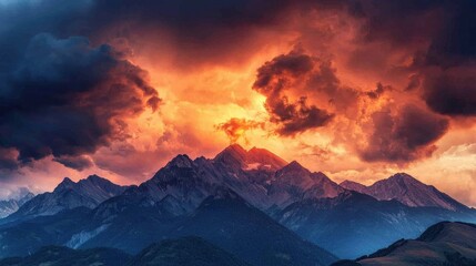 Poster - Majestic Mountain Landscape with Dramatic Sunset and Clouds