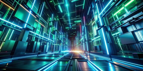 Poster - Abstract Neon Futuristic Animated Wallpaper: Glowing Blue-Green Lines Ascending on 3D Background