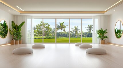 Poster - A bright, airy wellness studio with large windows, natural light, and fresh air enhancing relaxation and mindfulness.