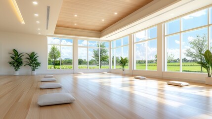 Poster - A bright, airy wellness studio with large windows, natural light, and fresh air enhancing relaxation and mindfulness.