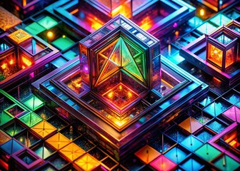 Poster - Abstract Neon Urban Fractal Background: Colorful Squares & Triangles Macro Photography