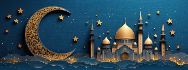 Canvas Print - Stunning Paper Art Depiction of a Magical Nighttime Mosque with Glittering Stars and Moon