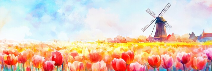 Poster - Vibrant watercolor illustration of tulip fields with a windmill under a blue sky in spring. Generative AI