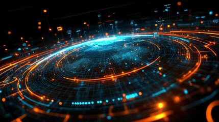 Aufkleber - Circular image of blue and orange light with connection lines around the earths surface in high fidelity