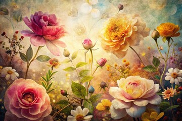 Wall Mural - Recycled Paper Texture with Floral Double Exposure Stock Photo