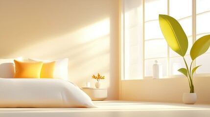 Poster - A cozy minimalist bedroom bathed in soft golden light, windows open, allowing the fresh morning breeze to set a peaceful mood.
