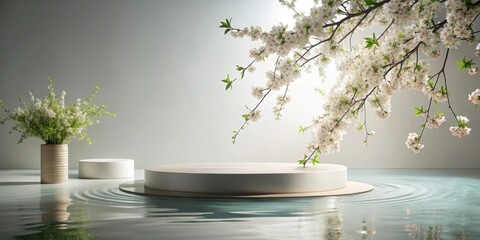 Poster - Serene Minimalist Spring Display with Blooming Branches and Cylindrical Platforms Reflecting in Still Water