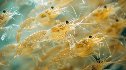 Poster - Small, translucent shrimp move fluidly through the water, showcasing their delicate features and active behavior in a vibrant aquatic environment.