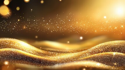 Poster - A golden glitter background with shimmering sparkles scattered throughout, catching the light in a dazzling, eye-catching way. The mood is glamorous and full of warmth.