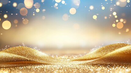 Poster - A golden glitter background with shimmering sparkles scattered throughout, catching the light in a dazzling, eye-catching way. The mood is glamorous and full of warmth.