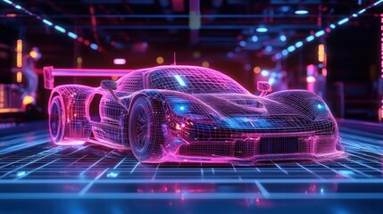 Poster - Futuristic Wireframe Sports Car in Neon Garage