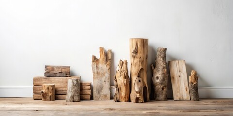 Poster - Rustic wooden pieces arranged against a minimalist white wall, showcasing natural textures and shapes