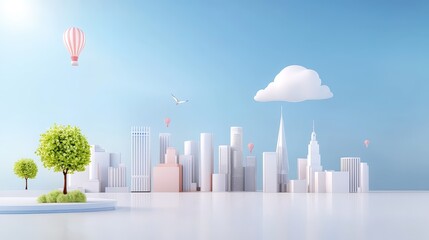 Poster - A simple modern cityscape with blue skies and clear air, showcasing an atmosphere of health and cleanliness.