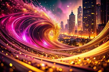 Poster - Abstract Pink Swirl Wave Background with Golden Light Particles - Urban Exploration Photography