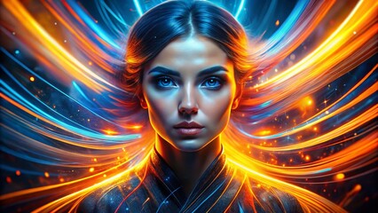 Wall Mural - Abstract Portrait: Glowing Blue & Orange Lines, Numbers Background