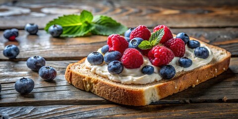 Poster - Delicious cream cheese toast topped with fresh raspberries and blueberries on rustic wooden surface