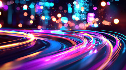 Poster - Vibrant abstract technology scene with colorful light trails and bokeh effects