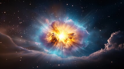 Poster - A surreal, colorful nebula glowing with rich shades of teal, orange, and violet, surrounded by shimmering stars and wisps of cloud, offering a breathtaking celestial atmosphere.