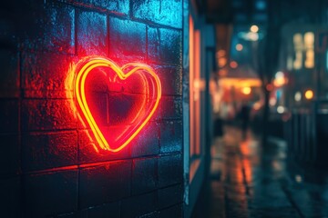 Aufkleber - Glowing Neon Heart Sign on a Wet Brick Wall at Night