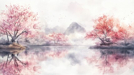 Poster - Serene landscape with cherry blossom trees reflected in tranquil water during early spring morning. Generative AI