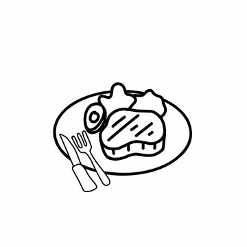 steak on a plate doodle.Steak restaurant badge concept. Modern continuous line graphic draw design