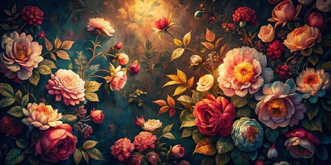 Wall Mural - Romantic Hand-Painted Floral Texture, Low Light Photography, Dark Background, Vintage Style