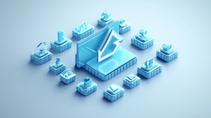 Poster - Blue 3d icon with arrow on correspondence folder in catalog for communication purposes