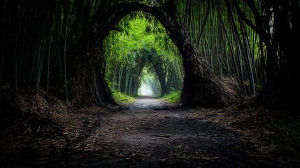 Poster - Serene pathway through enchanted forest tranquil nature scene lush greenery inviting atmosphere peaceful perspective