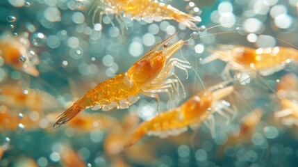 Poster - Small orange shrimp swim gracefully through clear blue water, creating a lively underwater atmosphere with a backdrop of shimmering bubbles.