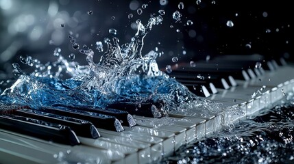 Poster - Water splashing on black and white piano keys close-up high-contrast musical environment dynamic concept
