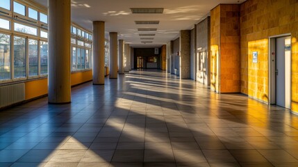 Poster - Sunlight casting long shadows in a modern corridor interior photography architectural space serene atmosphere