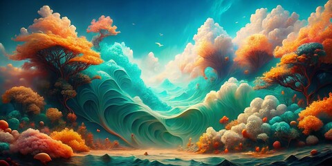 Poster - Abstract Teal Orange Coral Fractal Wave Double Exposure Stock Photo