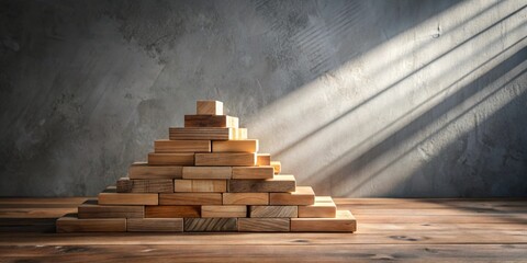 Aufkleber - Wooden Blocks Pyramid Structure Illuminated by Sunlight on Rustic Table