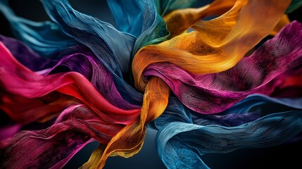 Poster - Dynamic colorful silk ribbons intertwined art installation abstract space mixed media unique perspective visual flow