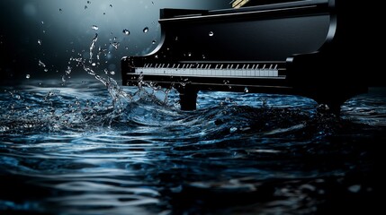 Poster - Piano keys merging with flowing water patterns serene environment abstract art close-up perspective for tranquility