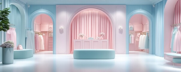 Poster - A modern boutique interior featuring soft pastel colors, elegant arches, and stylish clothing displays, creating a welcoming shopping atmosphere.